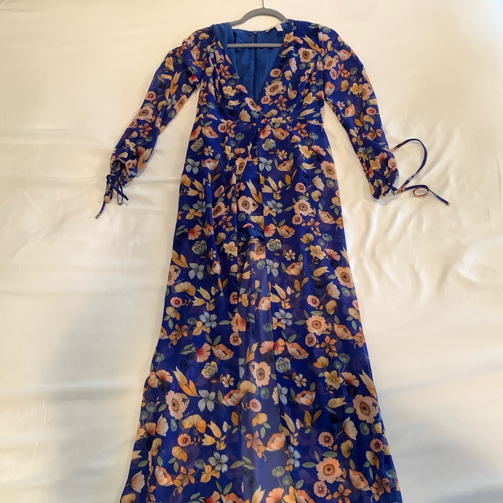 Blue floral romper with long sheer overlay